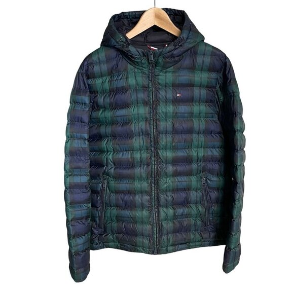 Tommy Hilfiger Men's Puffer Jacket Plaid Blue Green Lightweight Hood Size M - Picture 1 of 16